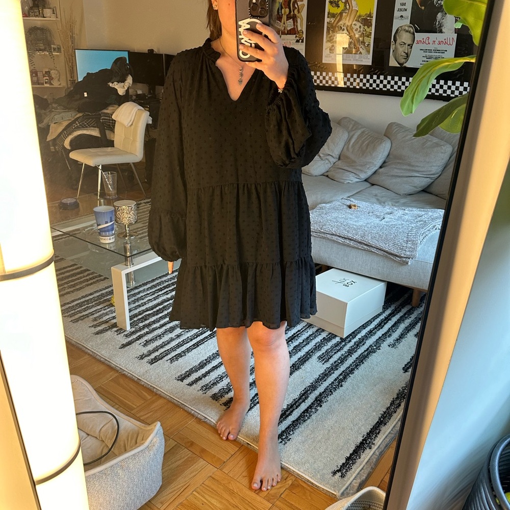 CeCe Black Swiss Dot Tiered Long Sleeve Dress